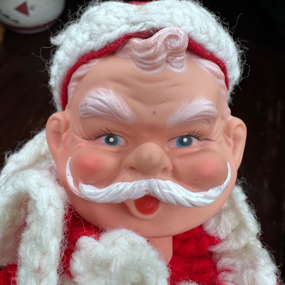 Vintage 60s/70s Santa Claus Crochet Doll Figure With Plastic Face & Boots